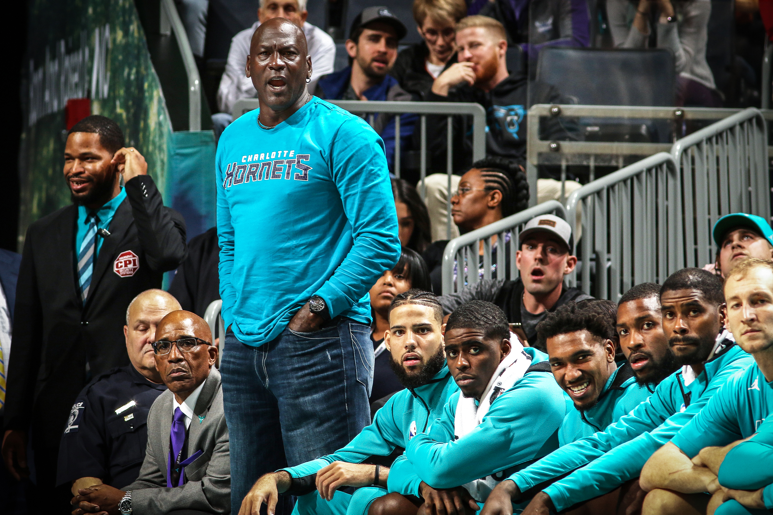 CHARLOTTE, NC - NOVEMBER 5: NBA Legend and Charlotte Hornets Owner, Michael Jordan looks on during a game between the Indiana Pacers and the Charlotte Hornets on November 5, 2019 at Spectrum Center in Charlotte, North Carolina. NOTE TO USER: User expressly acknowledges and agrees that, by downloading and or using this photograph, User is consenting to the terms and conditions of the Getty Images License Agreement.  Mandatory Copyright Notice:  Copyright 2019 NBAE (Photo by Brock Williams-Smith/NBAE via Getty Images)